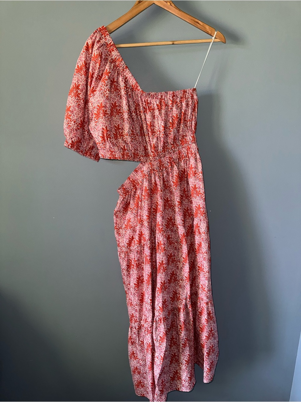 THML Brielle Dress - Floral One Shoulder Midi Dress in Pinks and Rusty Reds